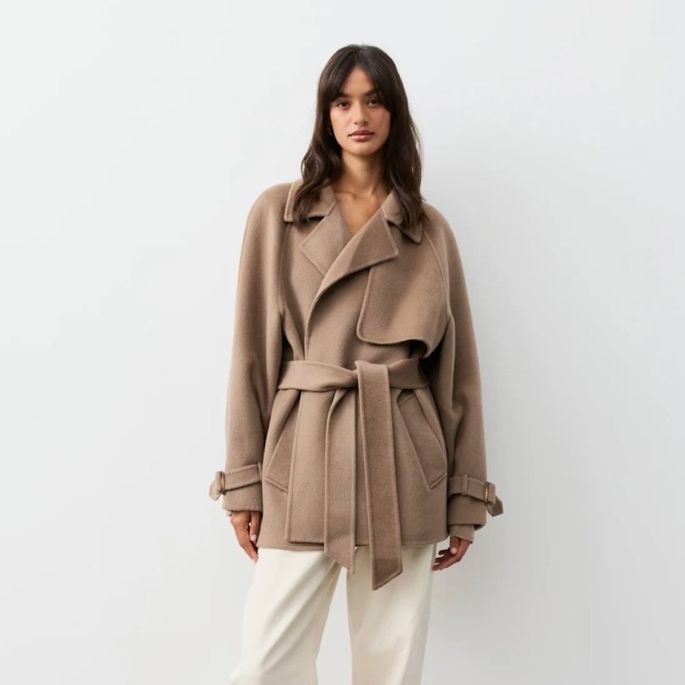 The Curated Trench Coat Women Large Camel Wool Cashmere Belted Short Tan